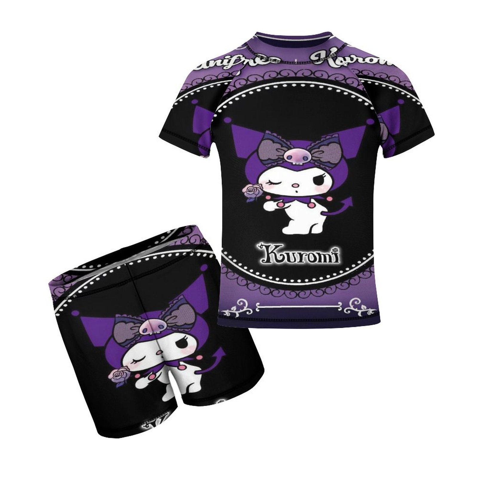 Kids Kuromi Boys Short Sleeve Bathing Suit 2 Piece Rash Guard Swimsuit Beach Sport Swimwear